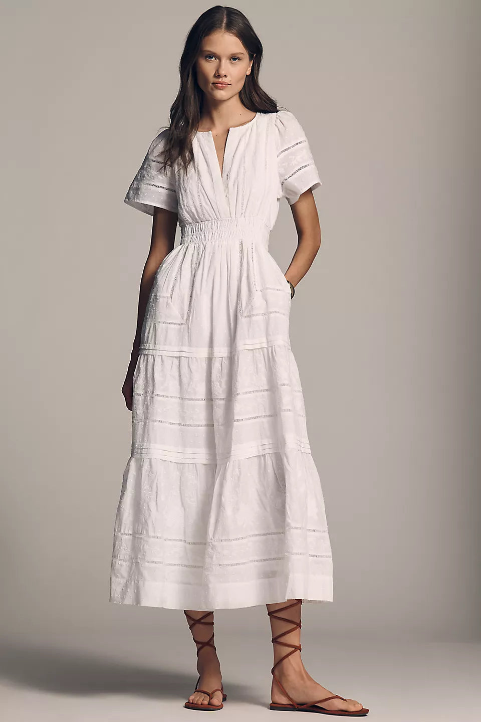 Lace Stripe Tiered Maxi Evening Dresses with Smocked Waist