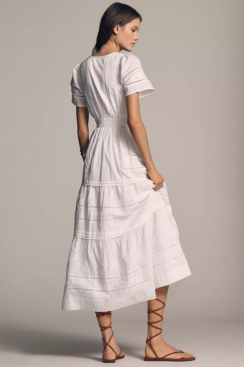 Lace Stripe Tiered Maxi Evening Dresses with Smocked Waist