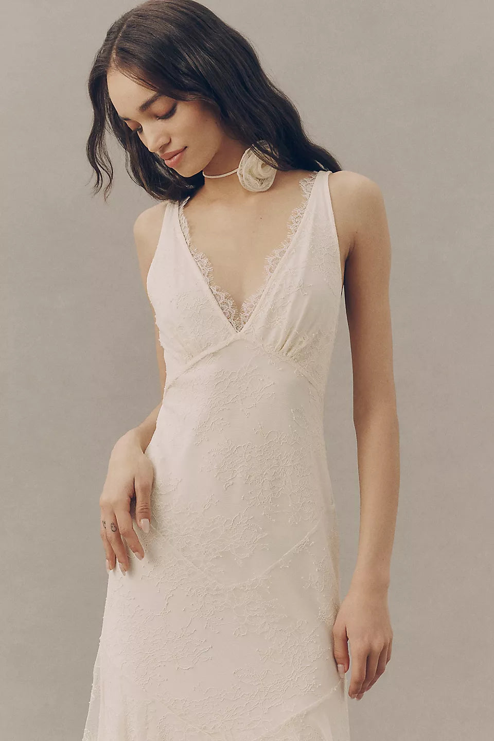 Lace Trim Deep V Maxi Evening Dresses with Tie Back
