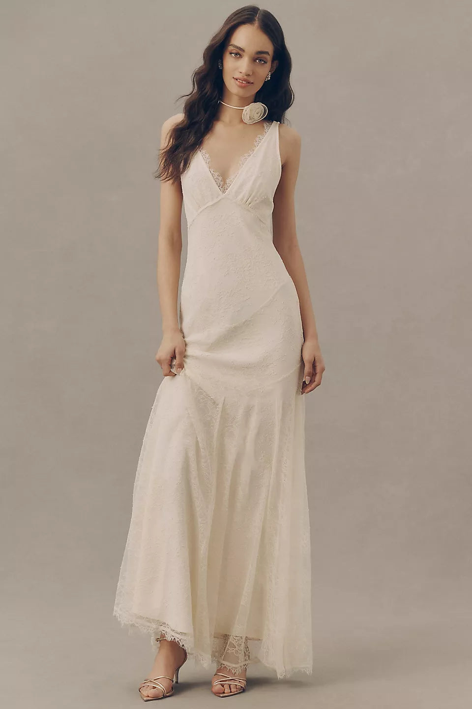 Lace Trim Deep V Maxi Evening Dresses with Tie Back