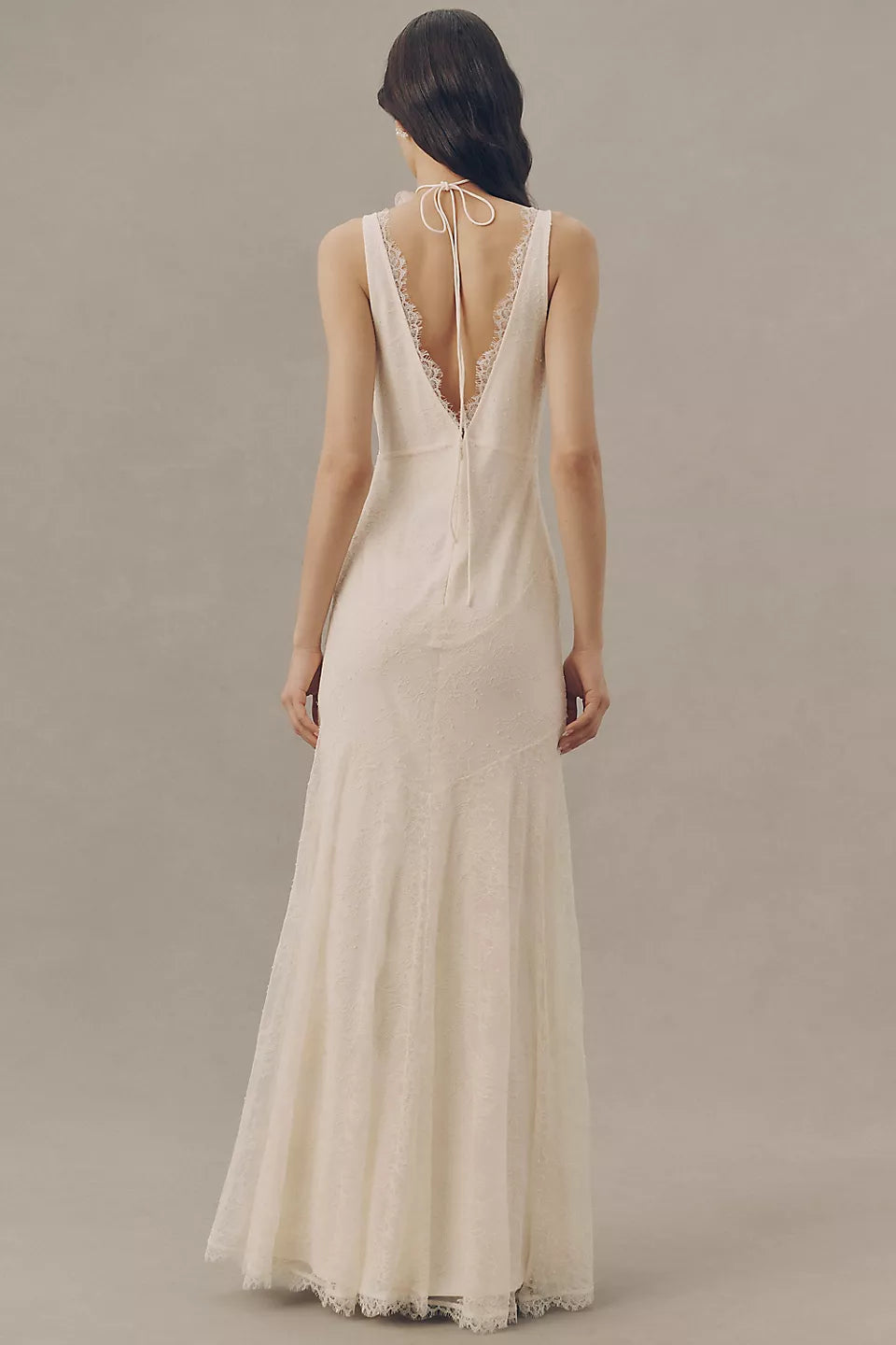 Lace Trim Deep V Maxi Evening Dresses with Tie Back