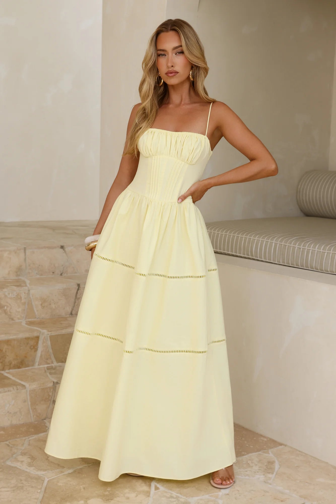 Lace Trim Tiered Maxi Evening Dresses with Pockets