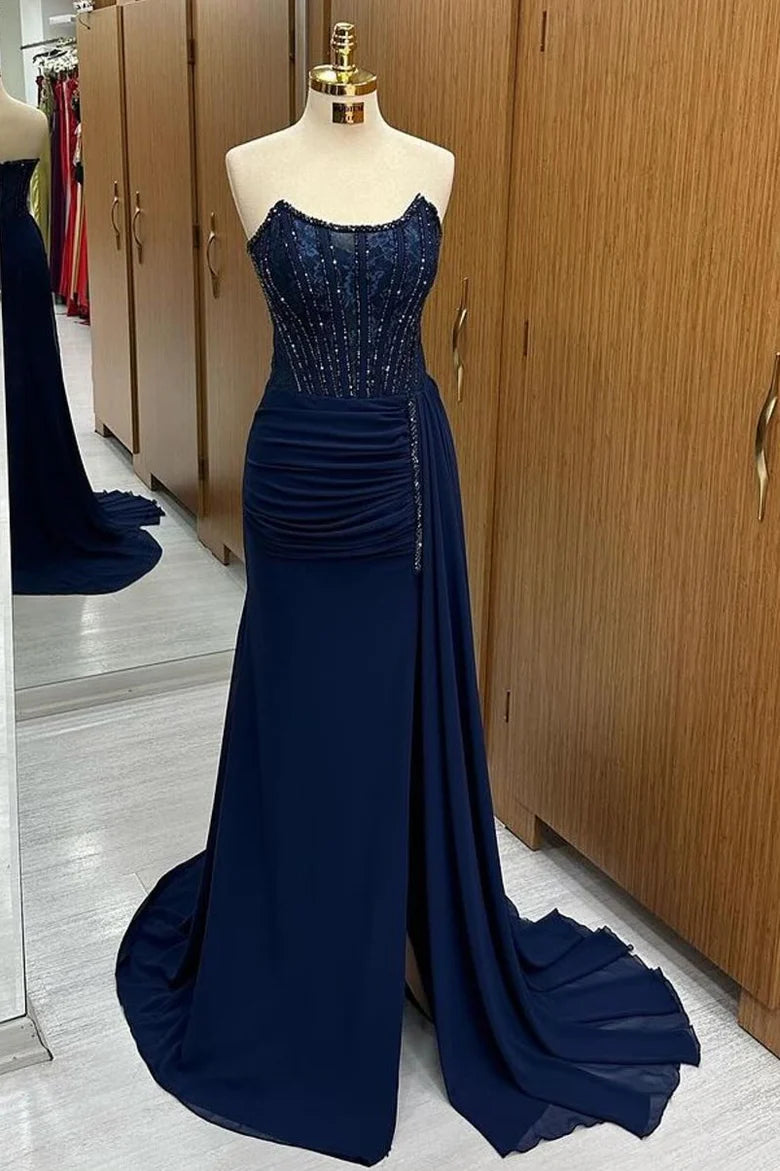 Lace bead strapless long formal dress with tail