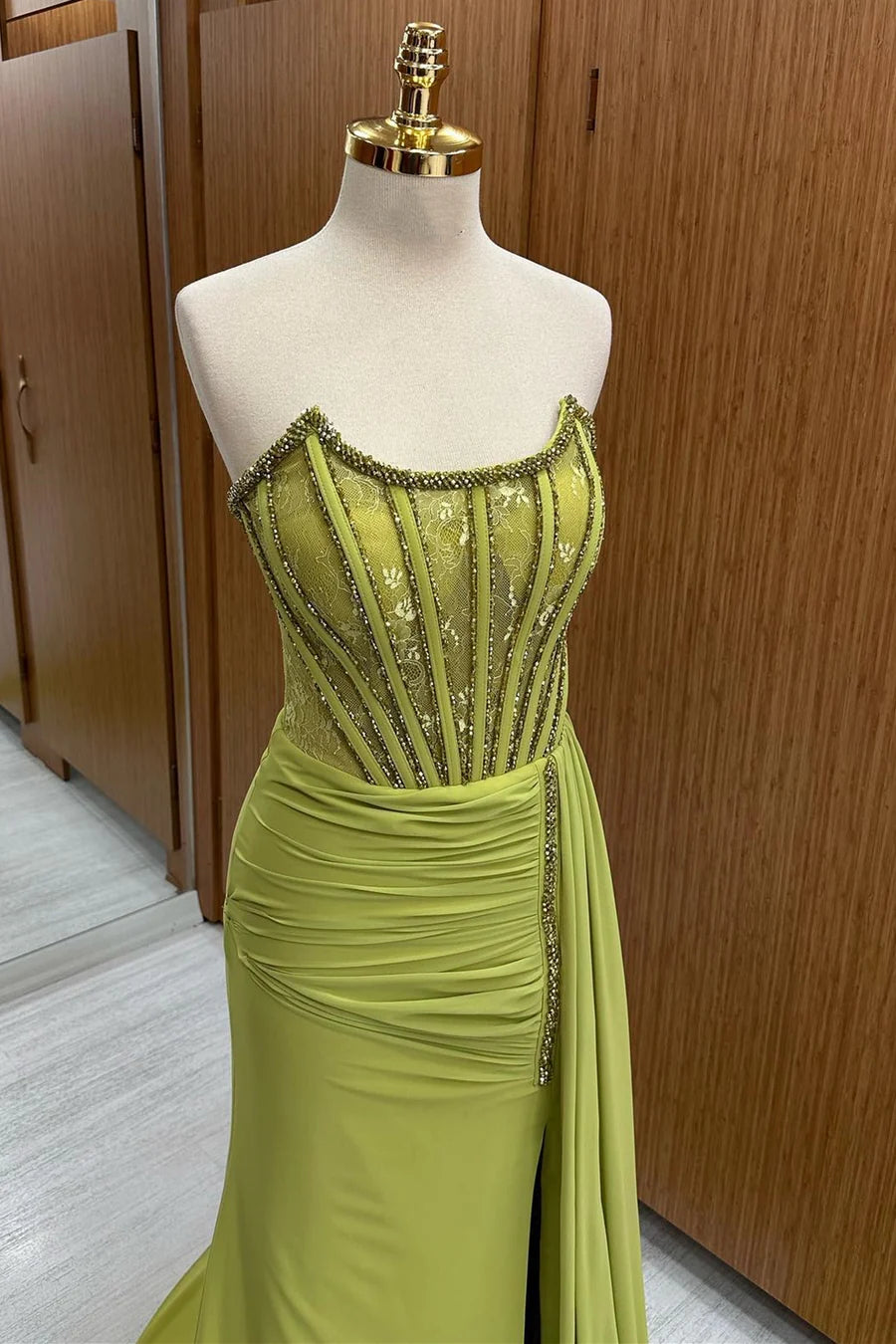 Lace bead strapless long formal dress with tail