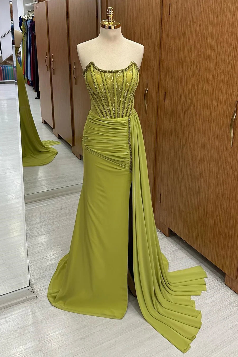 Lace bead strapless long formal dress with tail