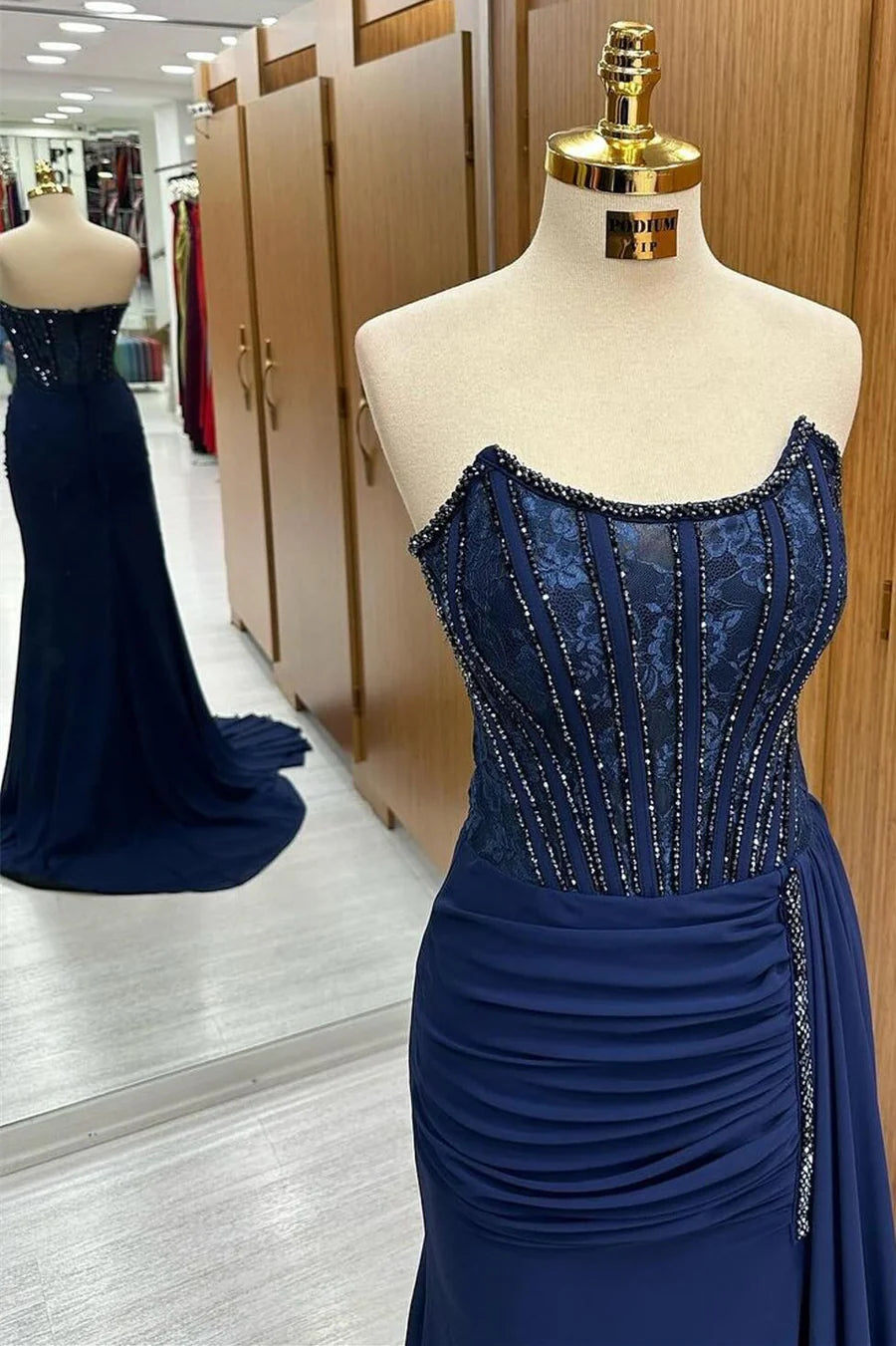 Lace bead strapless long formal dress with tail