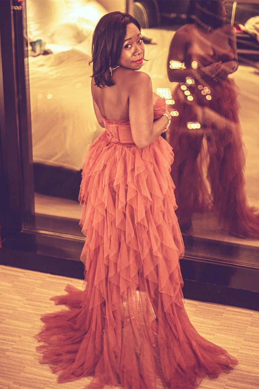 Lace sleeveless strapless layered long slit ball dress