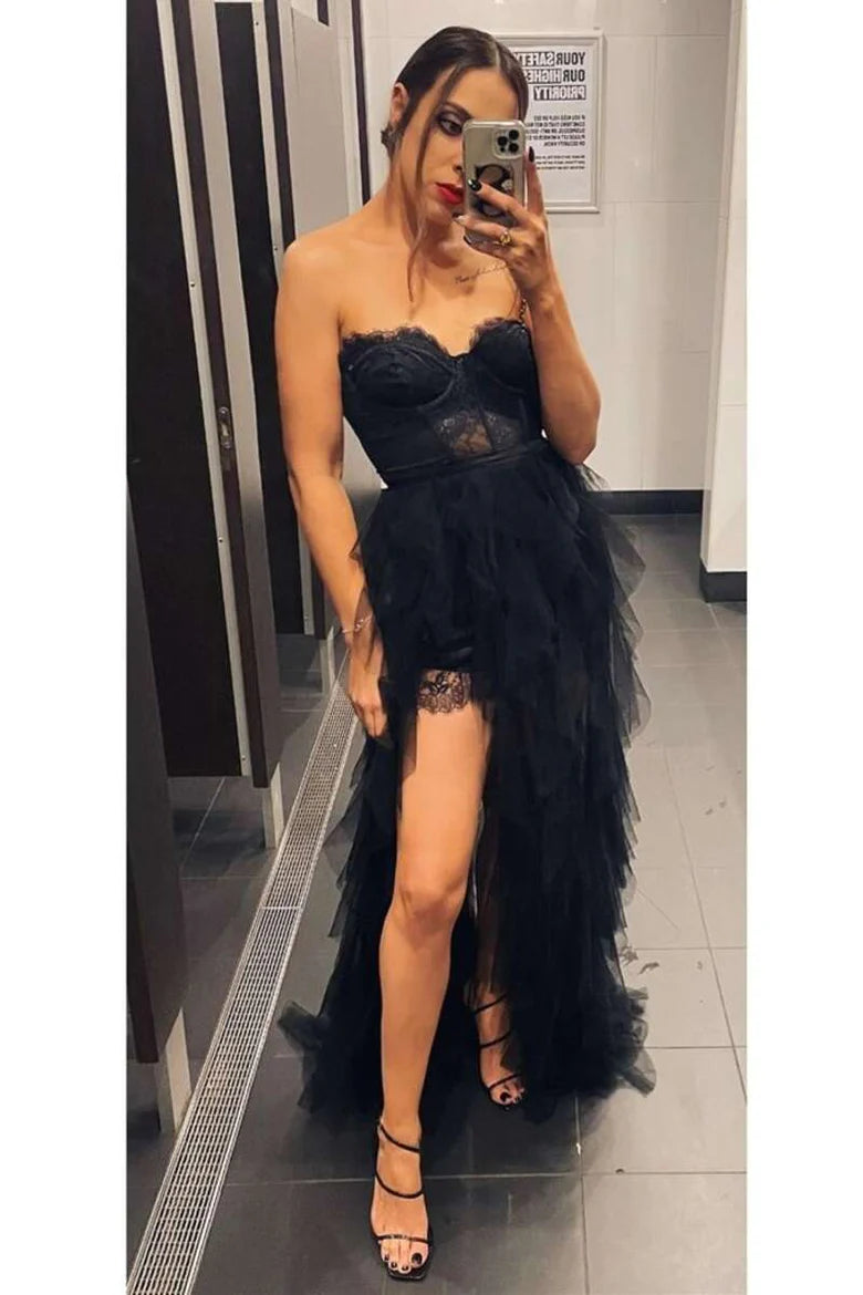 Lace sleeveless strapless layered long slit ball dress