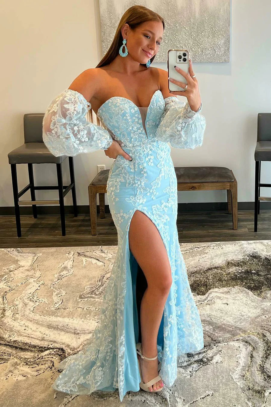 Lace strapless bubble sleeve long ball dress