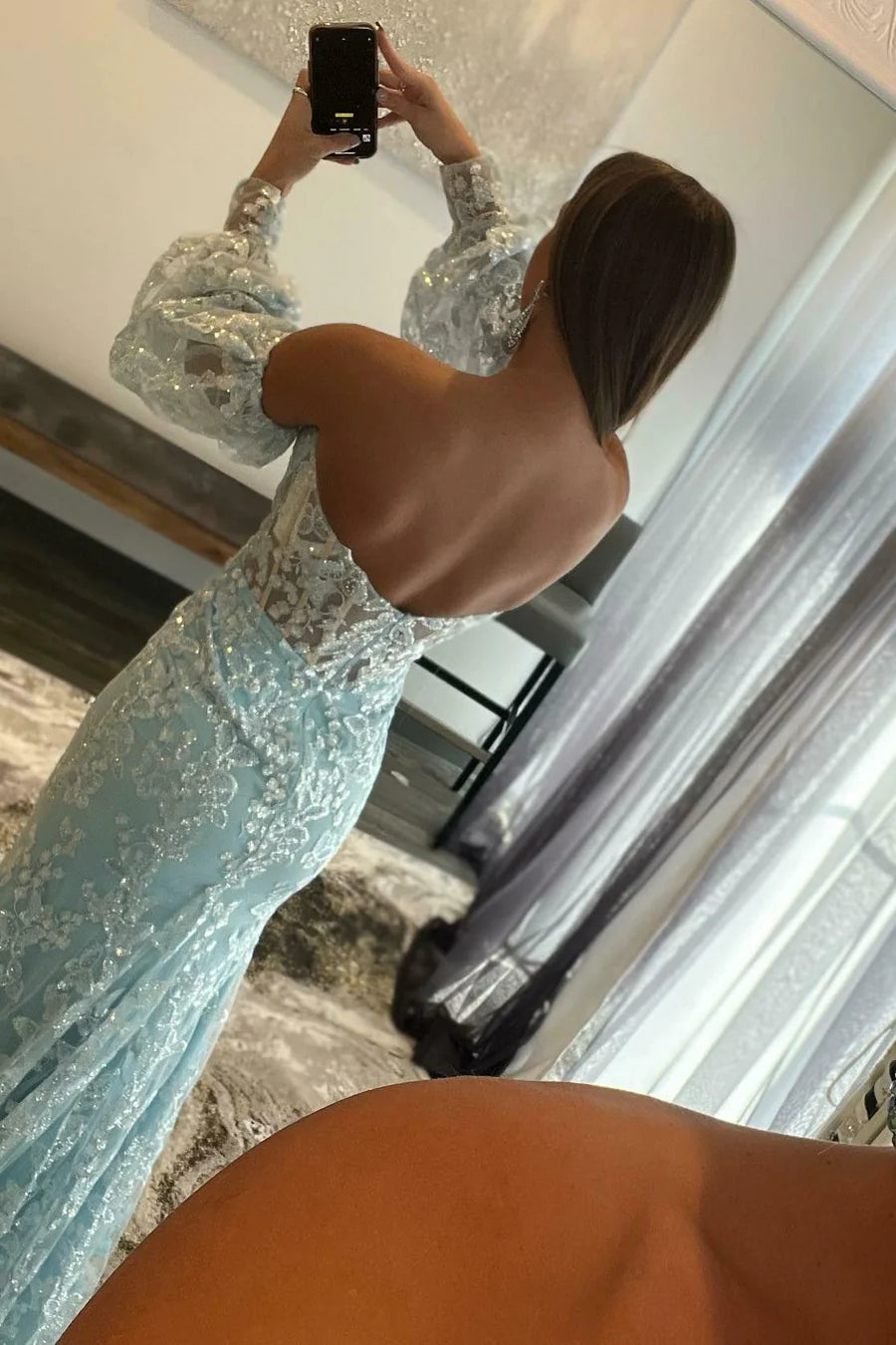 Lace strapless bubble sleeve long ball dress