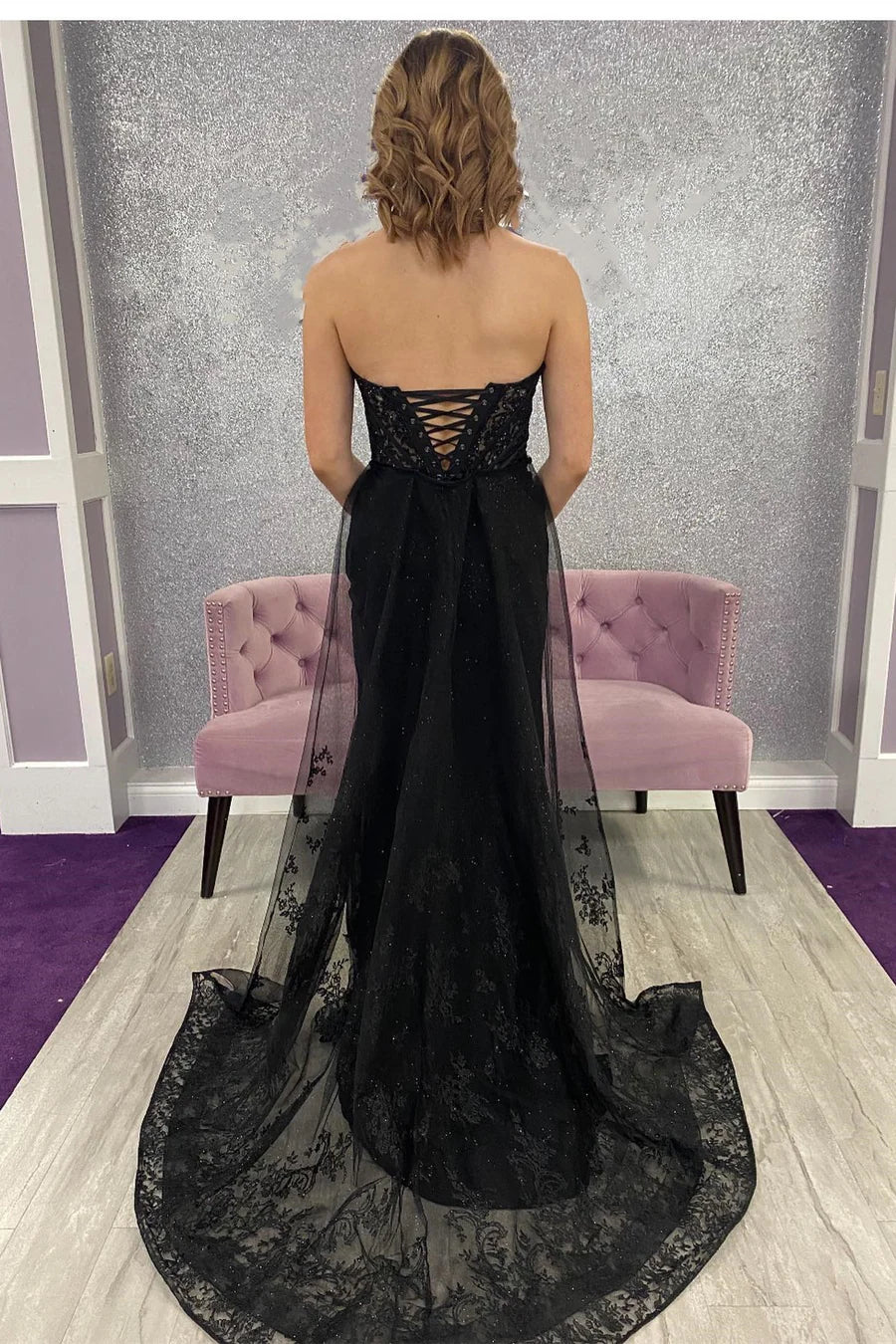 Lace strapless long formal dress with tail
