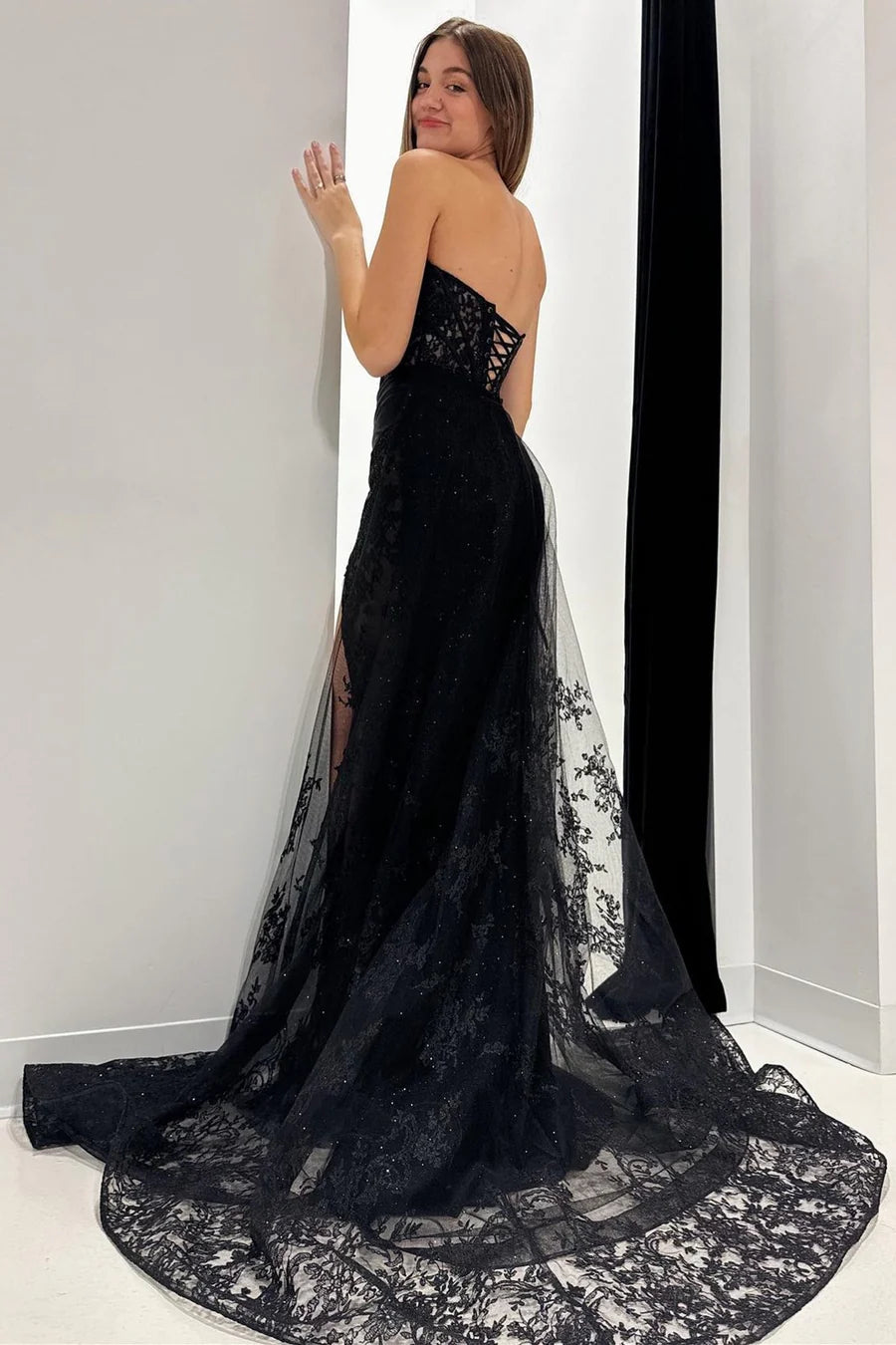 Lace strapless long formal dress with tail