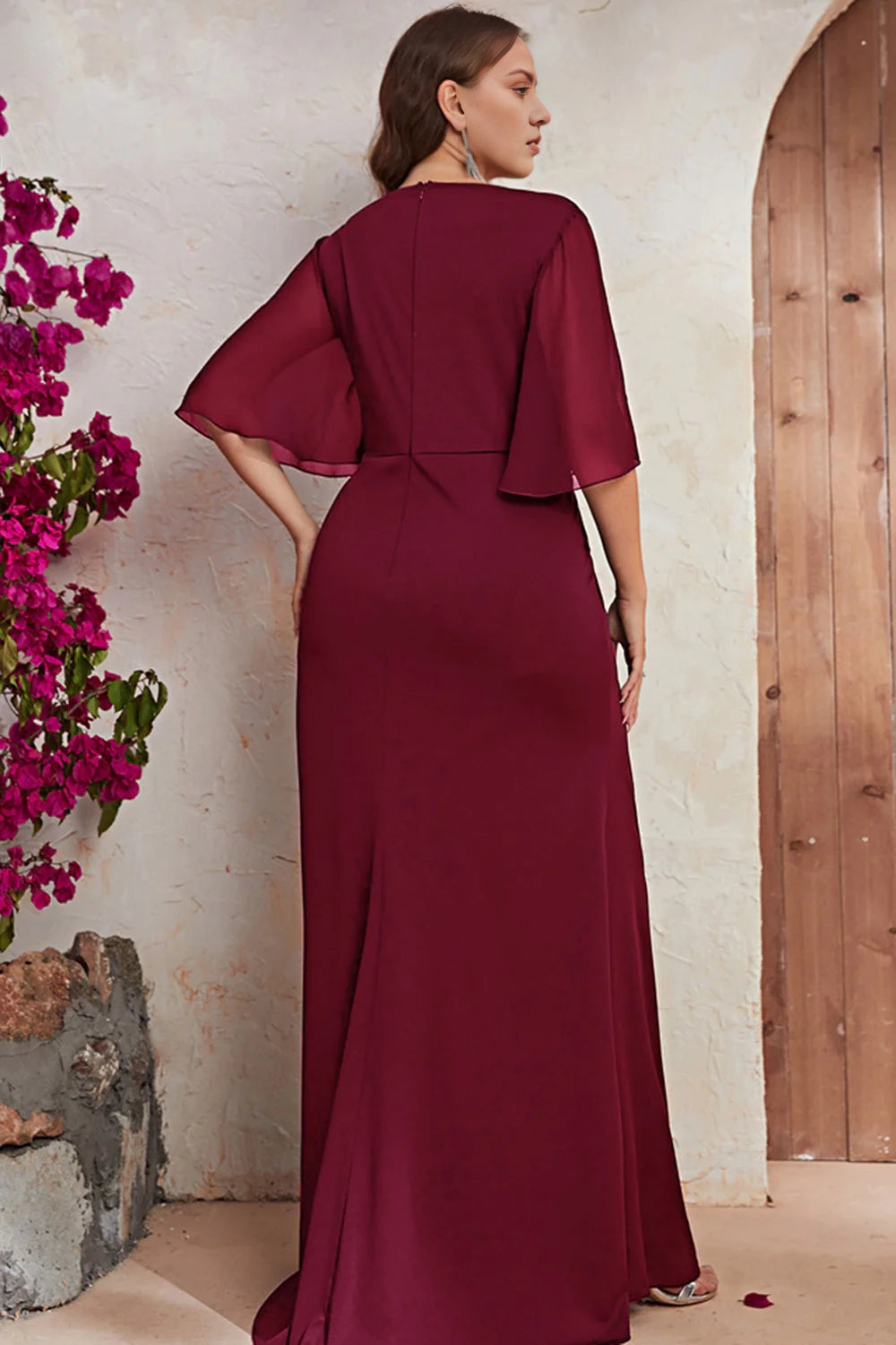 Large pleated long bridal dress with bead embellishments