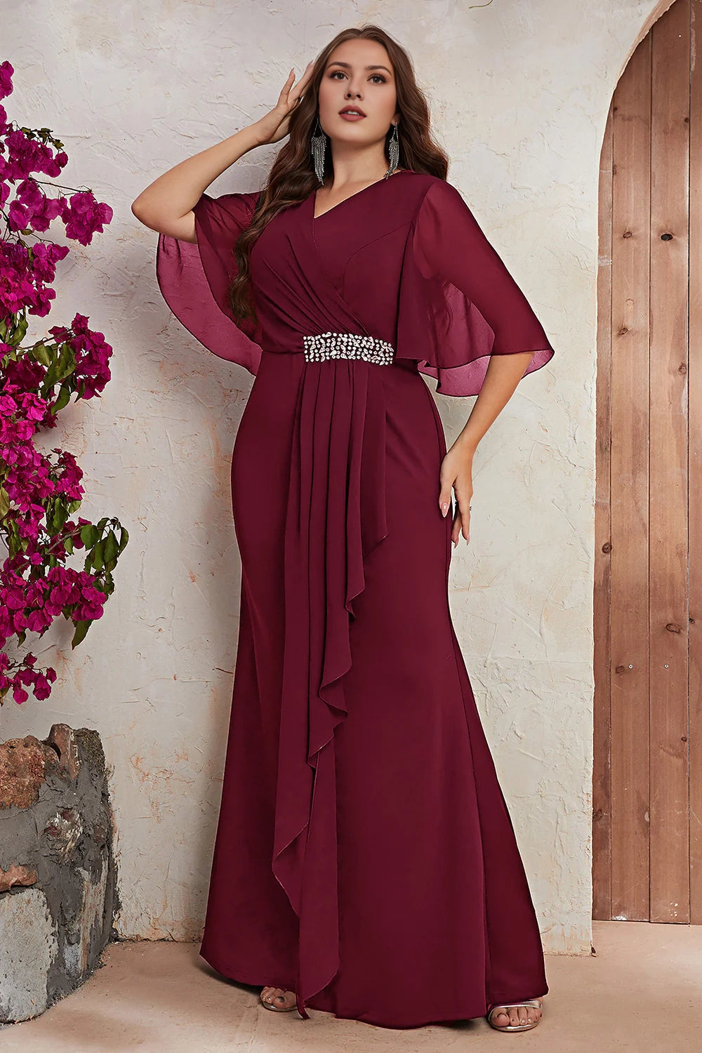 Large pleated long bridal dress with bead embellishments