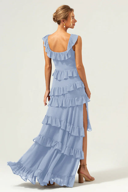 Dark Navy A-Line Square Neck Tiered Long Bridesmaid Dress