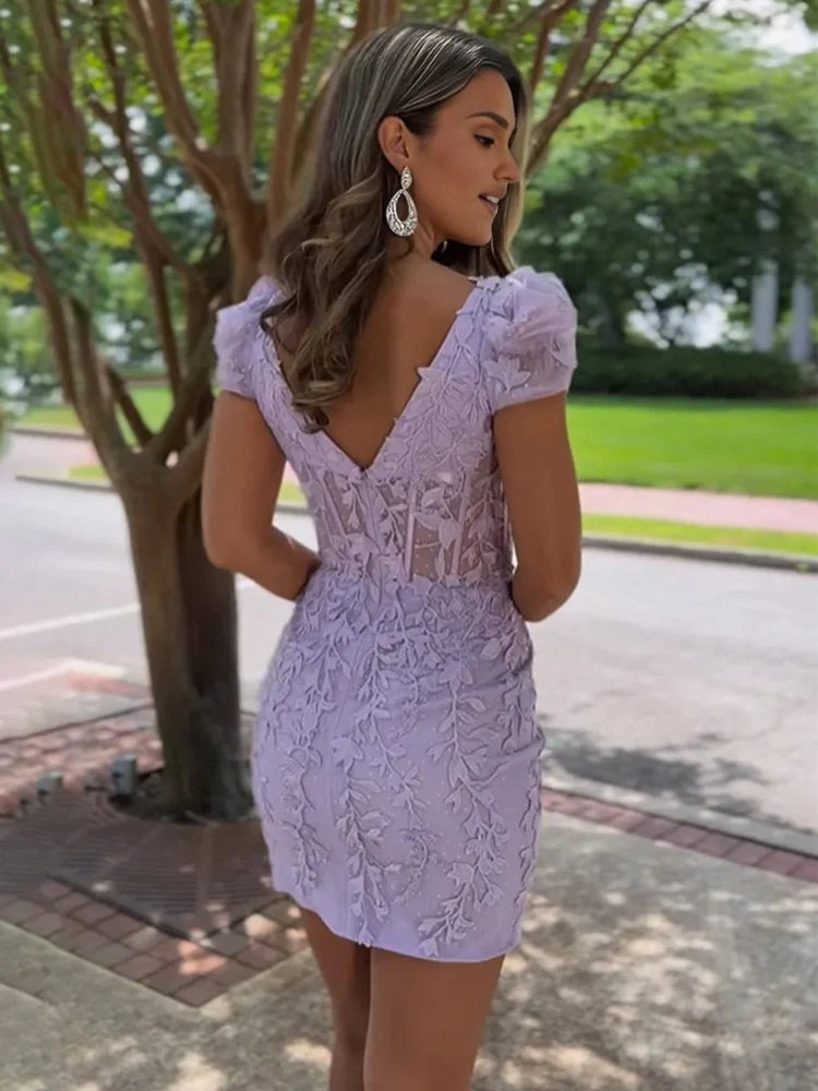Lavender 3D Floral Lace Applique Puff Sleeve Square Neck Corset Bodycon Mini Dress Homecoming Dresses