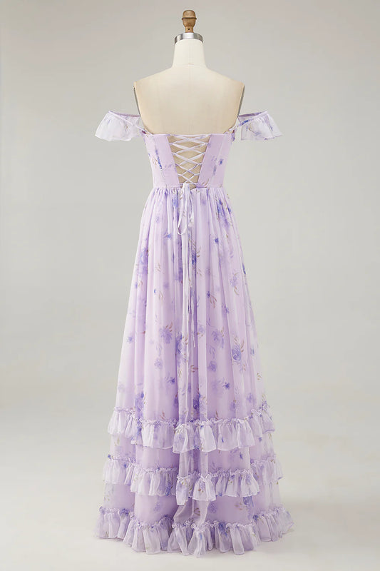 Lavender A-line Corset Lace Up Back Print Long Bridesmaid Dress with Slit