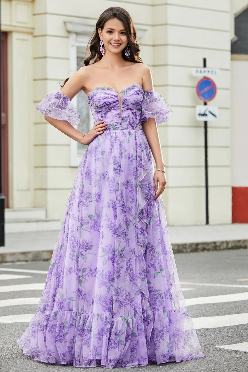 Lavender A Line Off the Shoulder Long Prom Dress with Removable Sleeves
