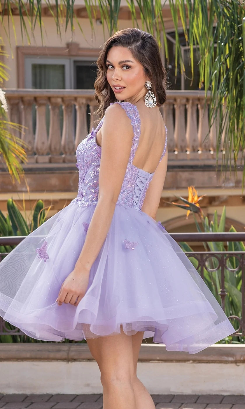 Lavender Butterfly Applique Lace-Up Back Homecoming Dresses