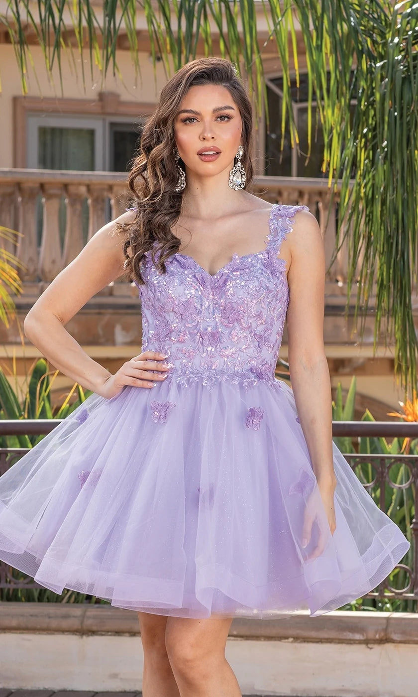 Lavender Butterfly Applique Lace-Up Back Homecoming Dresses