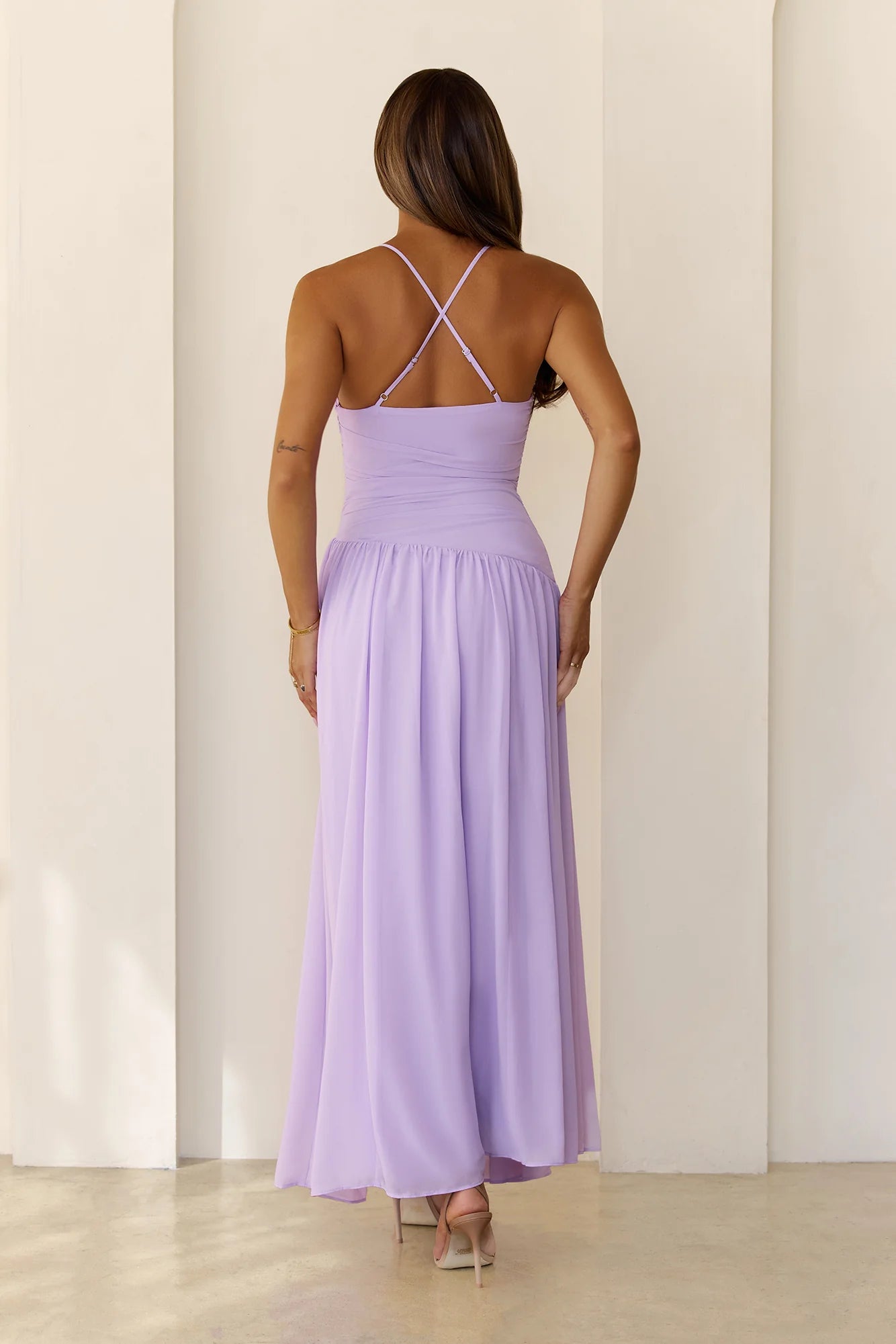 Lavender Chiffon Halter Floral Appliqué Maxi Evening Dresses