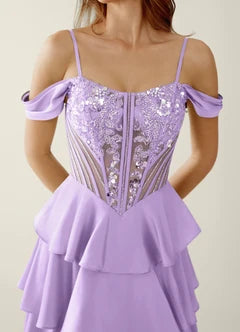 Lavender Cold Shoulder Spaghetti Strap Beaded Corset Tiered Ruffle Maxi Evening Dresses