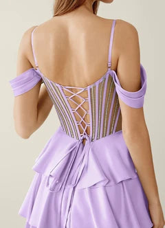 Lavender Cold Shoulder Spaghetti Strap Beaded Corset Tiered Ruffle Maxi Evening Dresses