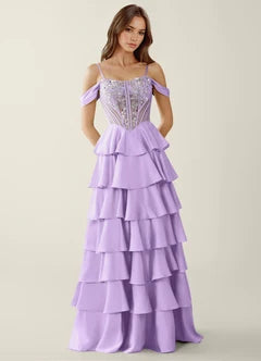 Lavender Cold Shoulder Spaghetti Strap Beaded Corset Tiered Ruffle Maxi Evening Dresses