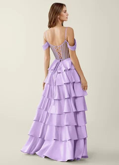 Lavender Cold Shoulder Spaghetti Strap Beaded Corset Tiered Ruffle Maxi Evening Dresses