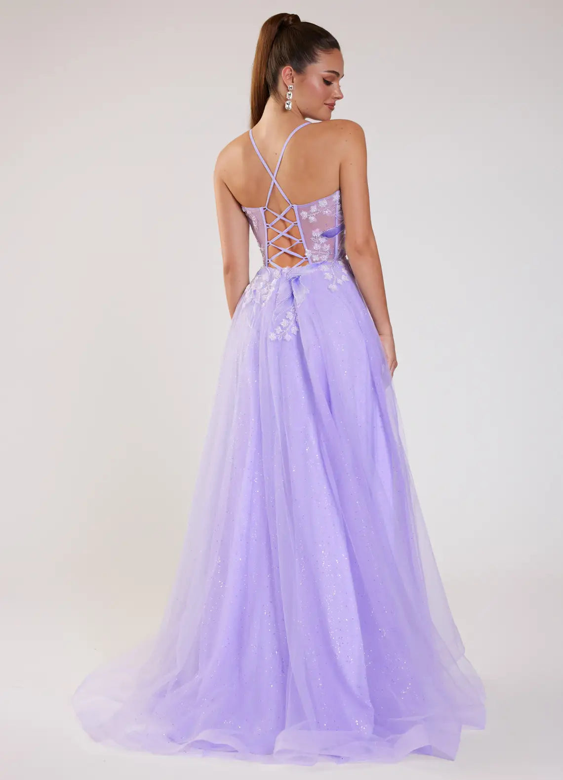 Lavender Floral Appliqué Glitter Tulle A-Line Evening Dress