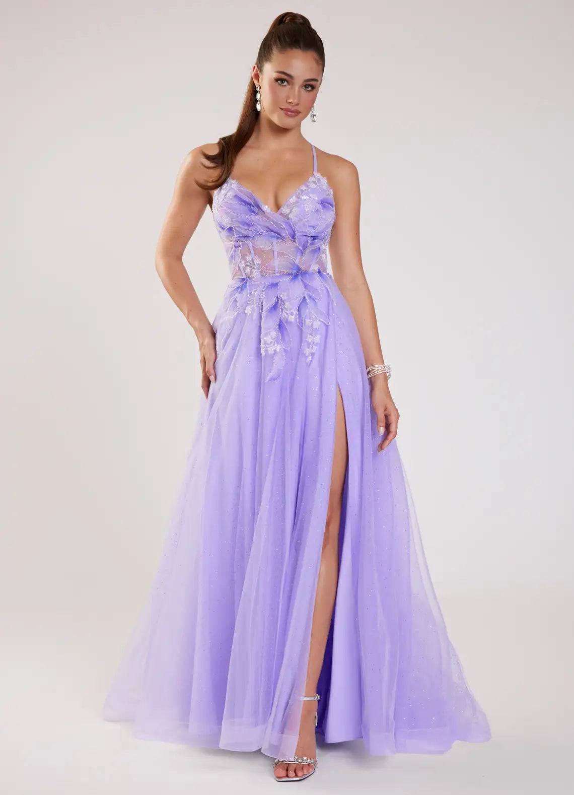 Lavender Floral Appliqué Glitter Tulle A-Line Evening Dress