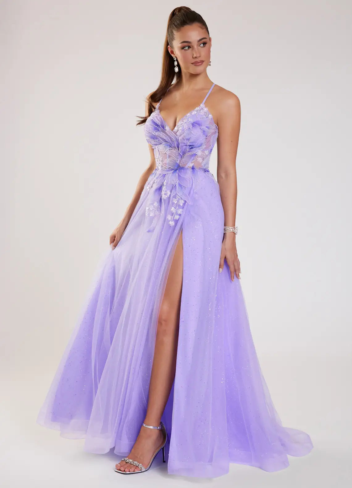 Lavender Floral Appliqué Glitter Tulle A-Line Evening Dress