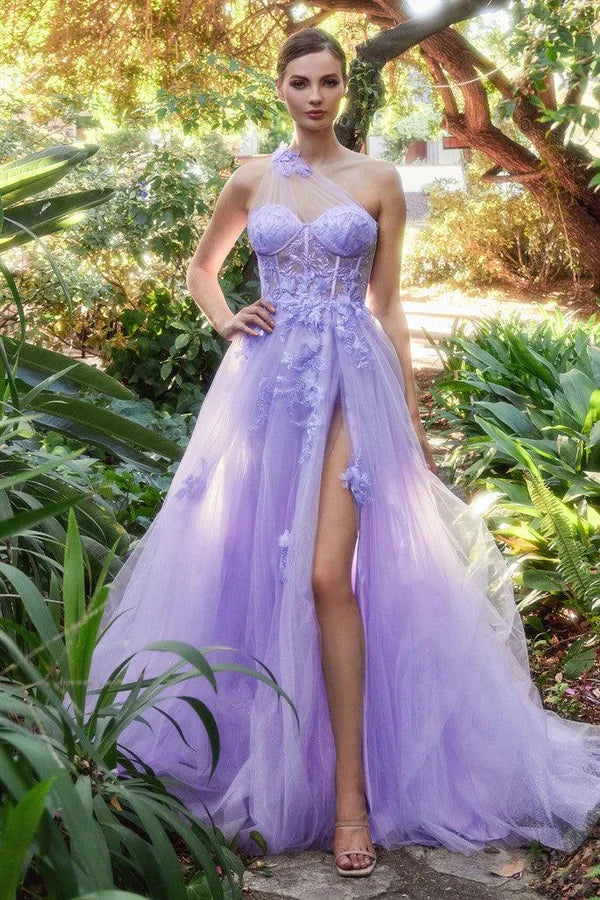 Lavender Floral Applique One-Shoulder Tulle Slit Maxi Evening Dresses