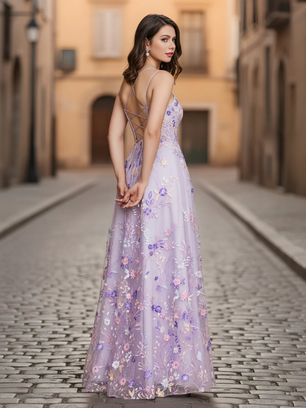 Lavender Floral Embroidered Spaghetti Strap Evening Dresses