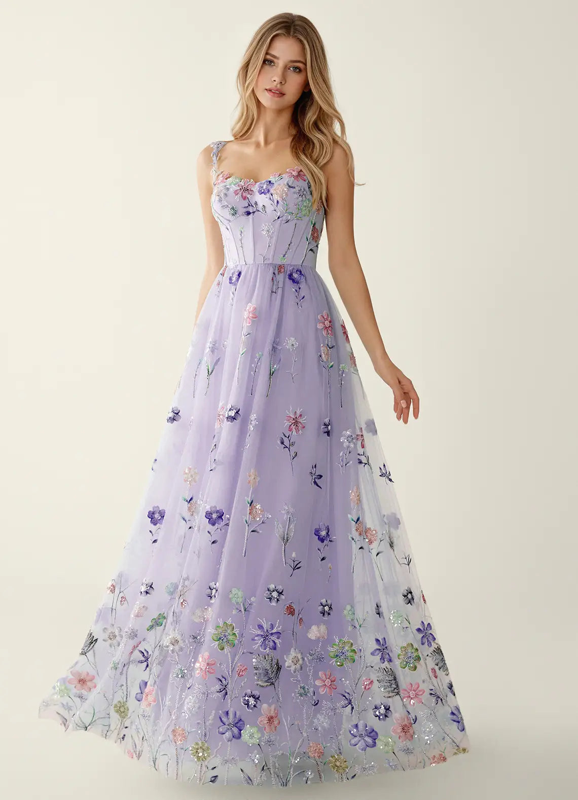Lavender Floral Embroidered Tulle A-Line Evening Dress