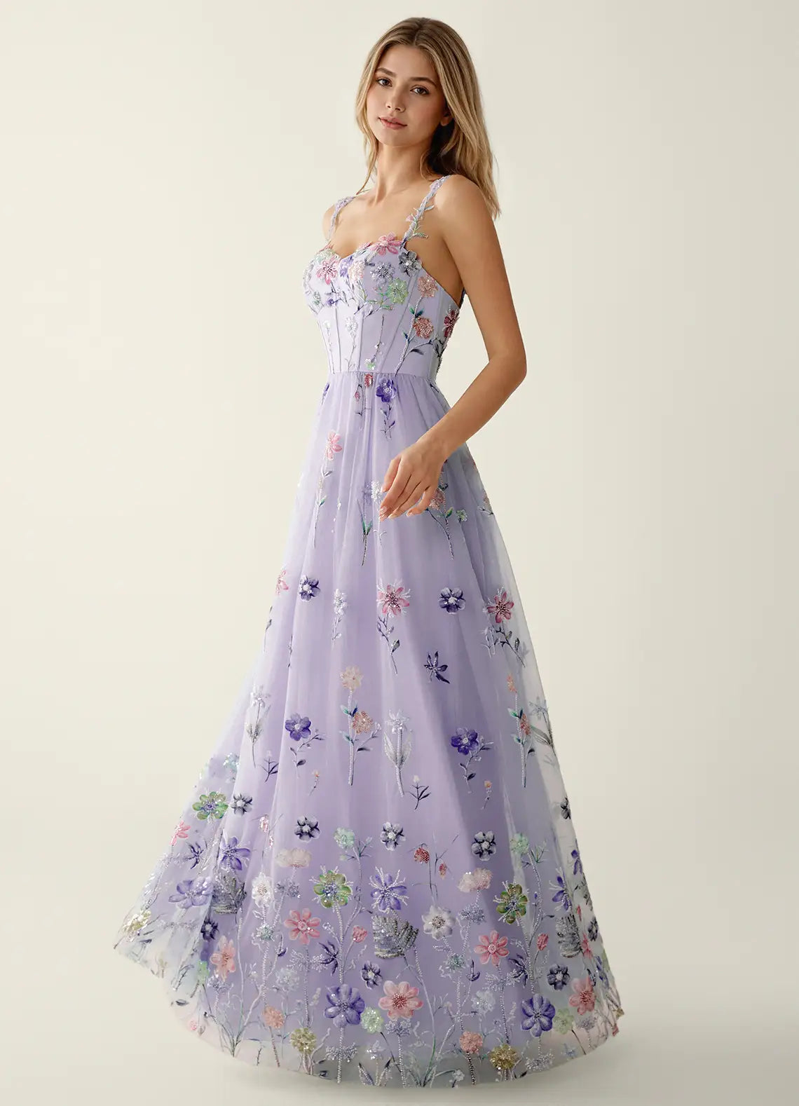 Lavender Floral Embroidered Tulle A-Line Evening Dress