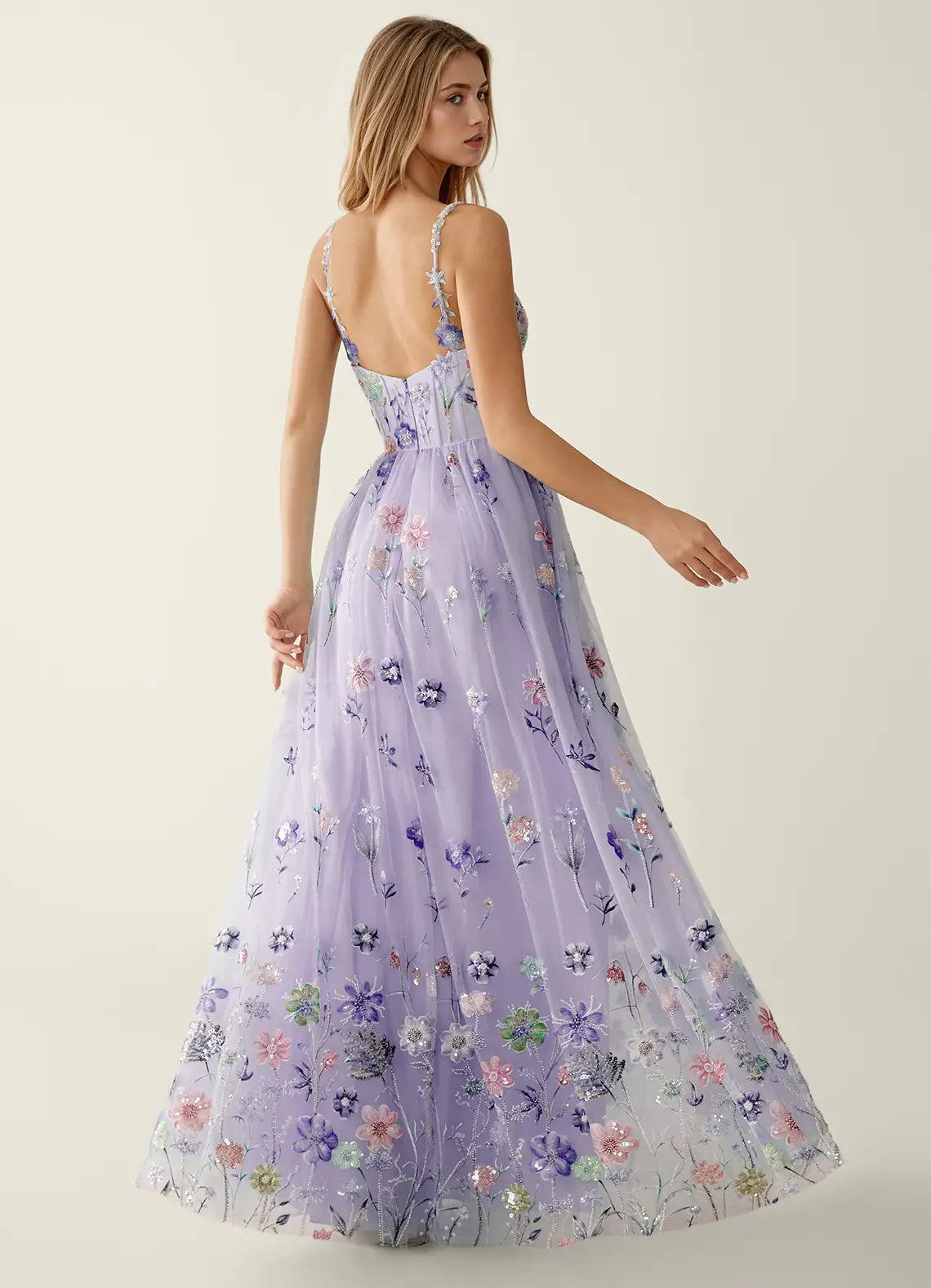 Lavender Floral Embroidered Tulle A-Line Evening Dress