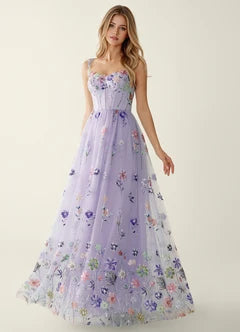 Lavender Floral Embroidered Tulle Evening Dresses