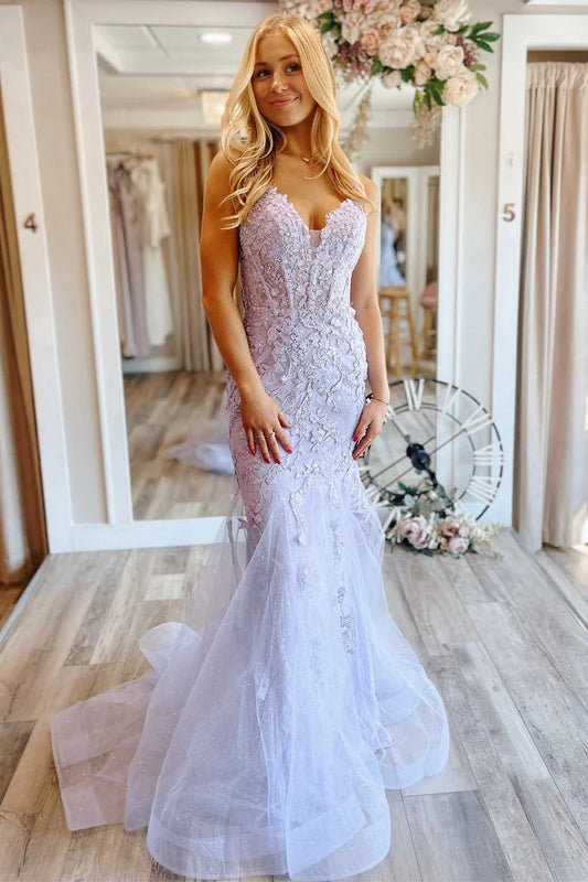Lavender Floral Lace Lace-Up Back Trumpet Long Prom Dress