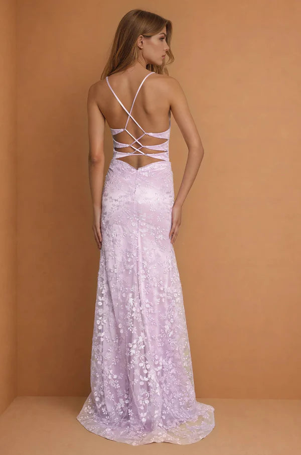 Lavender Floral Lace Spaghetti Strap Lace-Up Back Slit Maxi Evening Dresses