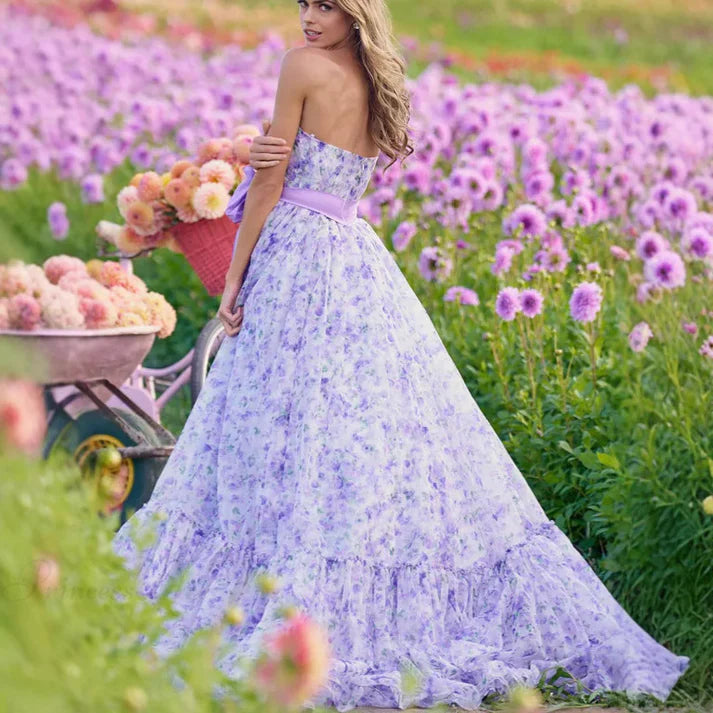 Lavender Floral Print Strapless Sash Tie A-Line Evening Dresses
