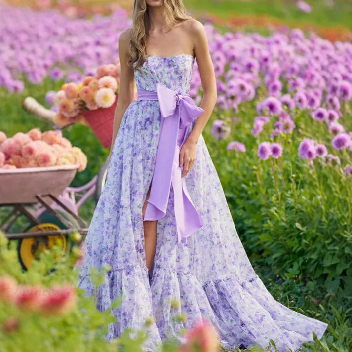 Lavender Floral Print Strapless Sash Tie A-Line Evening Dresses