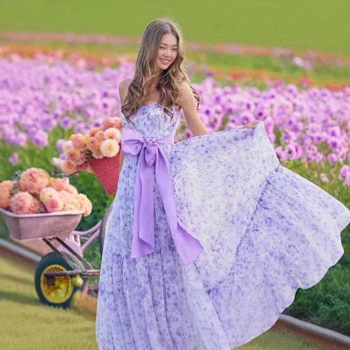 Lavender Floral Print Strapless Sash Tie A-Line Evening Dresses