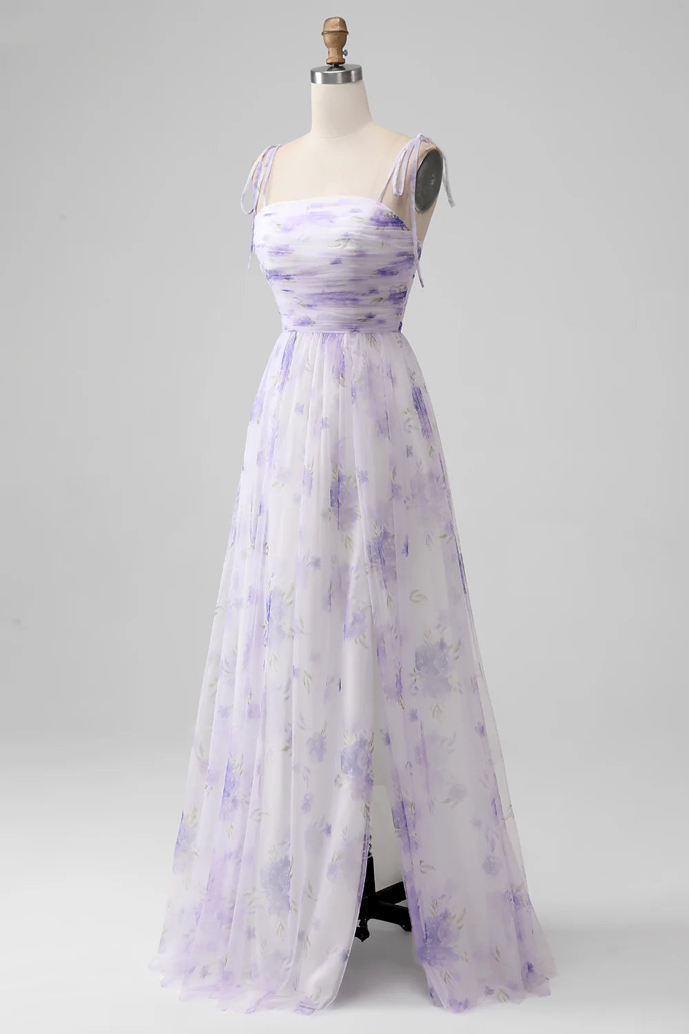 Lavender Flower A-Line Spaghetti Straps Print Long Bridesmaid Dress