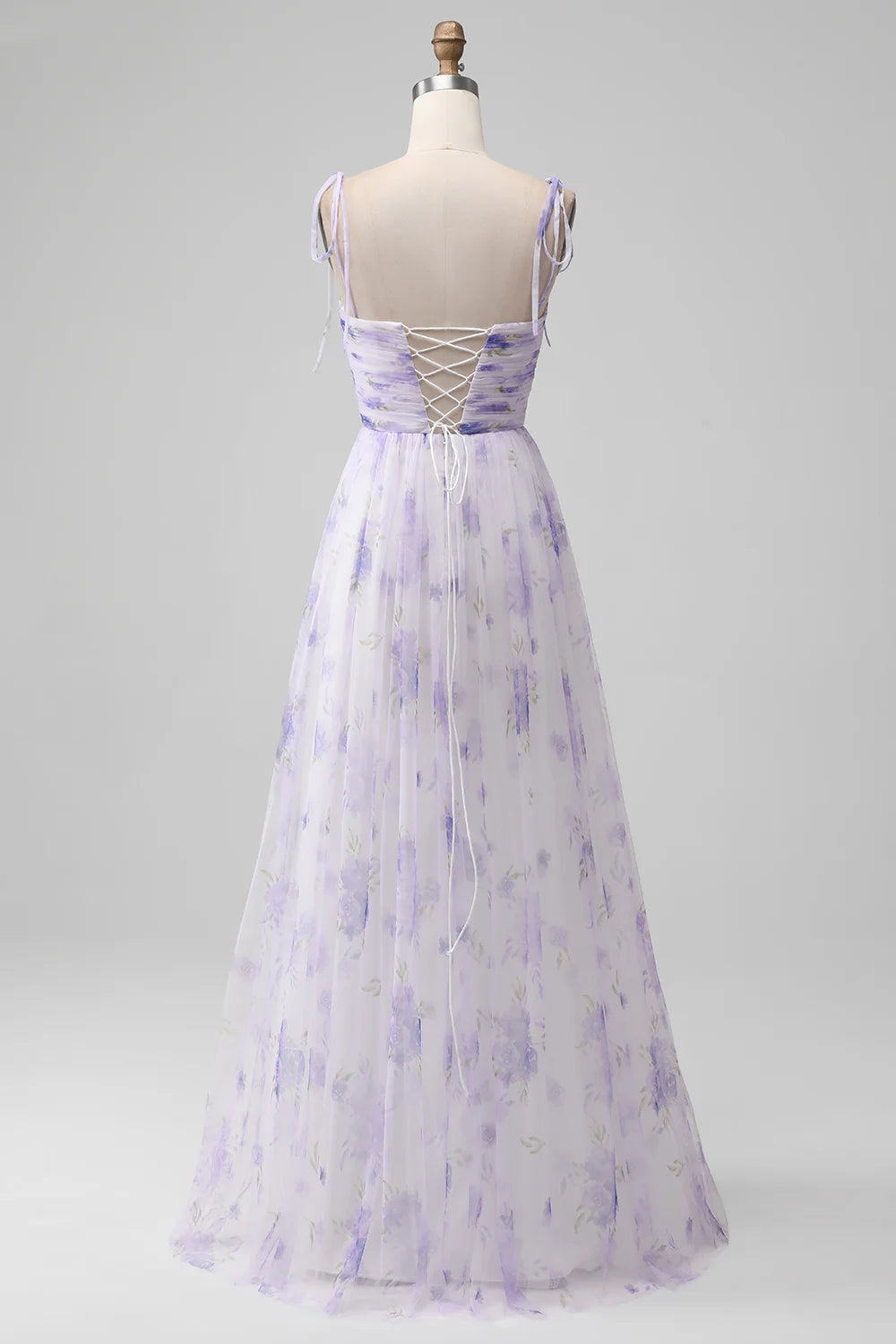 Lavender Flower A-Line Spaghetti Straps Print Long Bridesmaid Dress