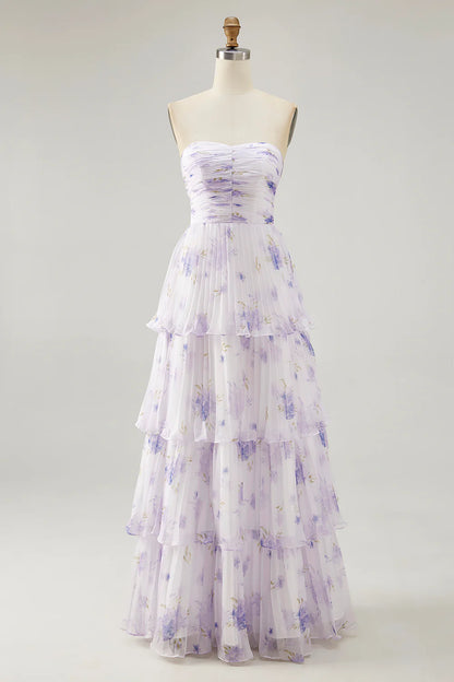 Lavender Flower A-line Strapless Pleated Tiered Long Bridesmaid Dress