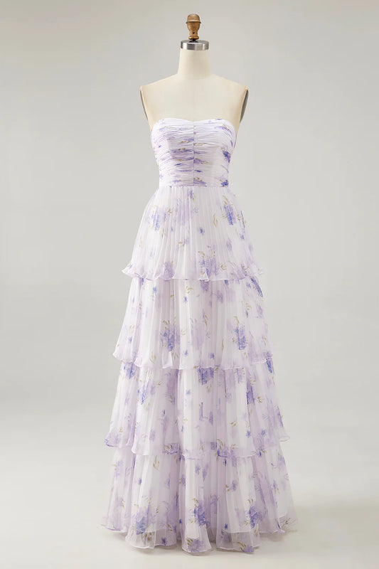 Lavender Flower A-line Strapless Pleated Tiered Long Bridesmaid Dress