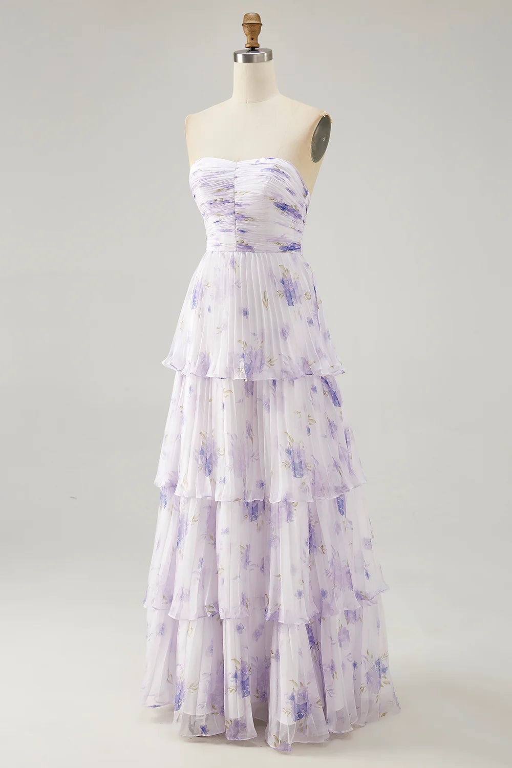 Lavender Flower A-line Strapless Pleated Tiered Long Bridesmaid Dress