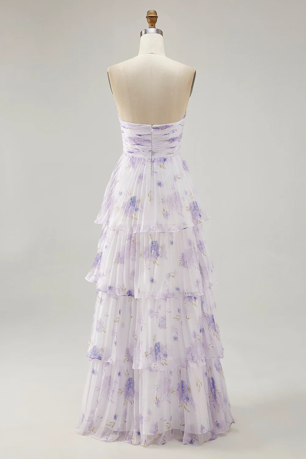 Lavender Flower A-line Strapless Pleated Tiered Long Bridesmaid Dress