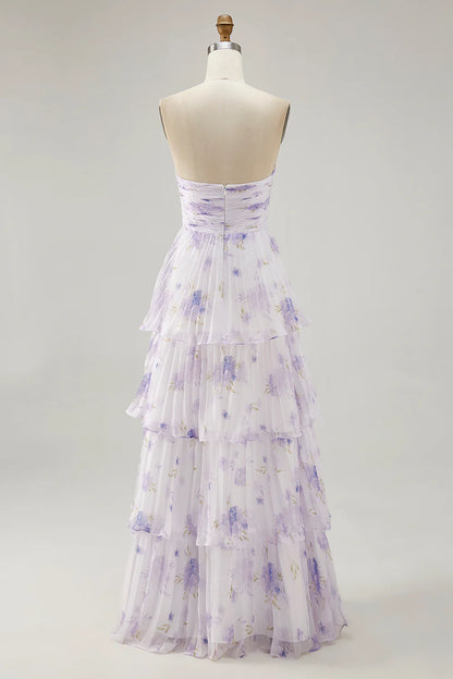 Lavender Flower A-line Strapless Pleated Tiered Long Bridesmaid Dress